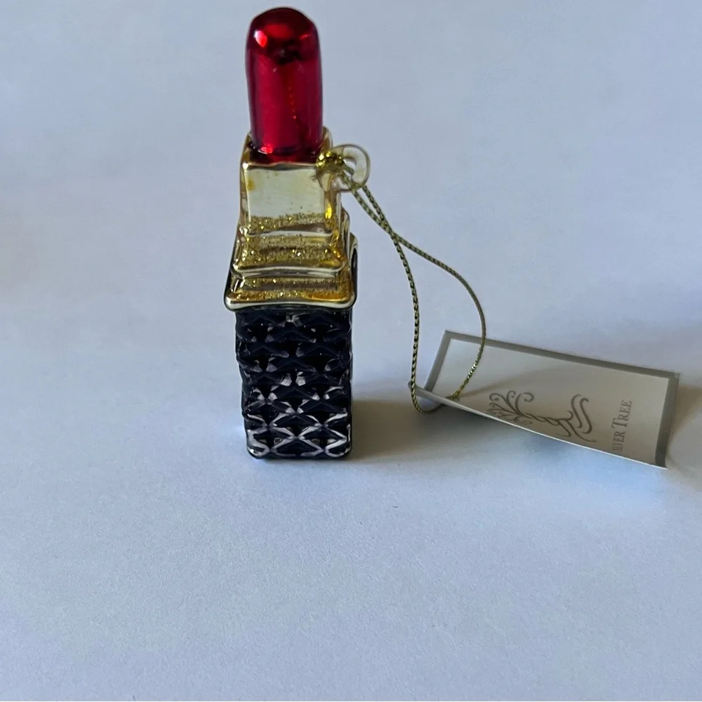 SILVER TREE RED LIPSTICK CHRISTMAS ORNAMENT BLACK HOLD RED GLASSES 3.25” NWT